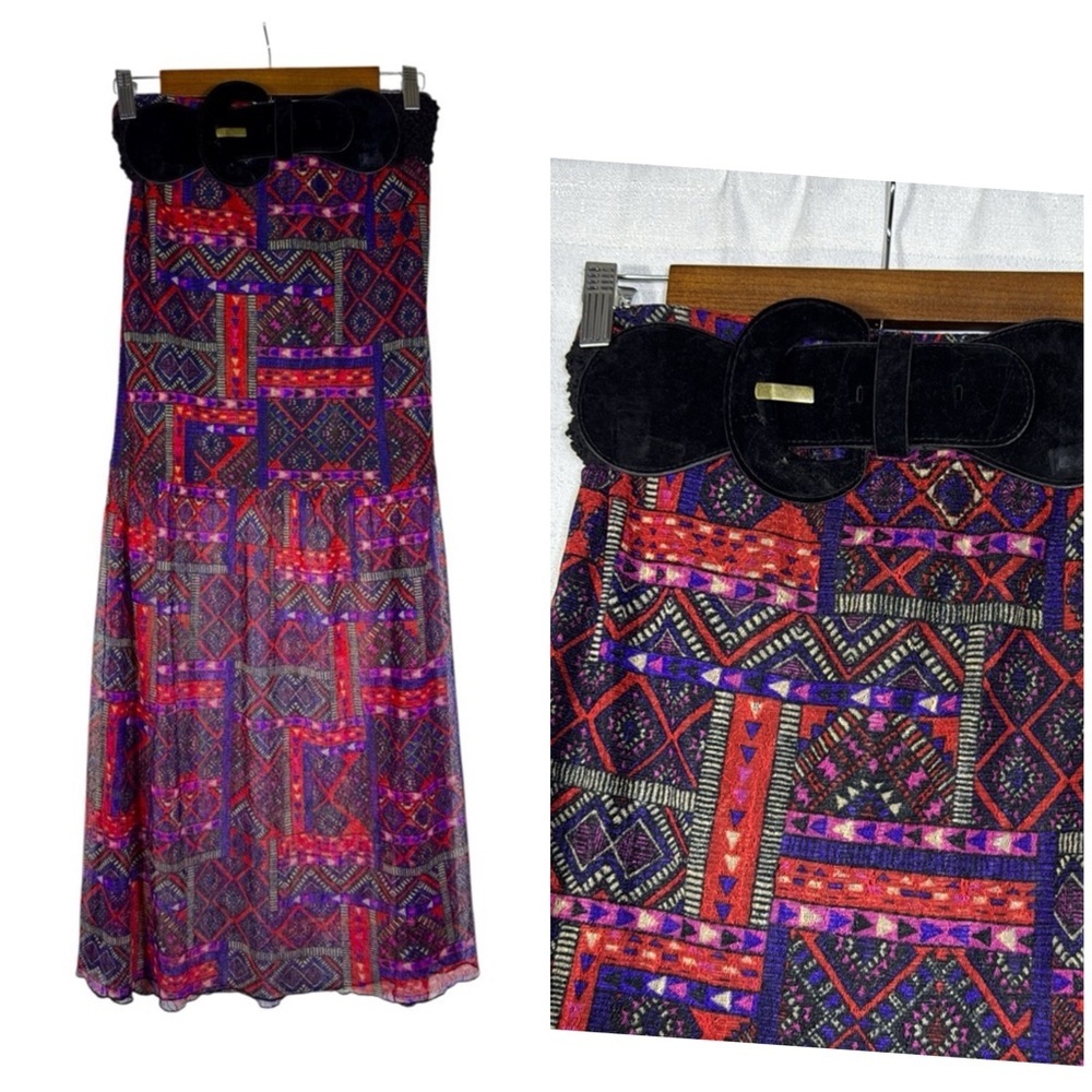 Y2K Old School Boho Colorful Mid Sheer Chiffon Belt Maxi Women's Skirt Sz M